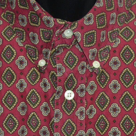 VTG Cambridge Mens XXL Maroon Burgundy Corduroy Geometric Print Button Up Preppy - Picture 3 of 8